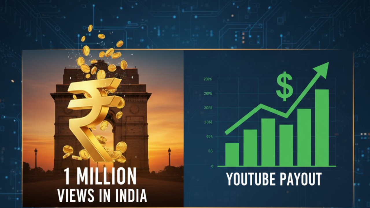 A banner image showing a golden Indian Rupee symbol with coins near the India Gate, representing "1 Million Views in India," and a green bar graph with an upward arrow and dollar sign, representing "YouTube Payout." The text at the bottom reads "HOW MUCH YOUTUBE PAYS FOR 1 MILLION VIEWS IN INDIA."